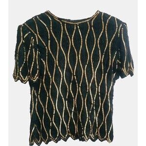 Vintage Stenay Blouse Women's Medium Green Gold Bead Sequin Silk Lined NWT